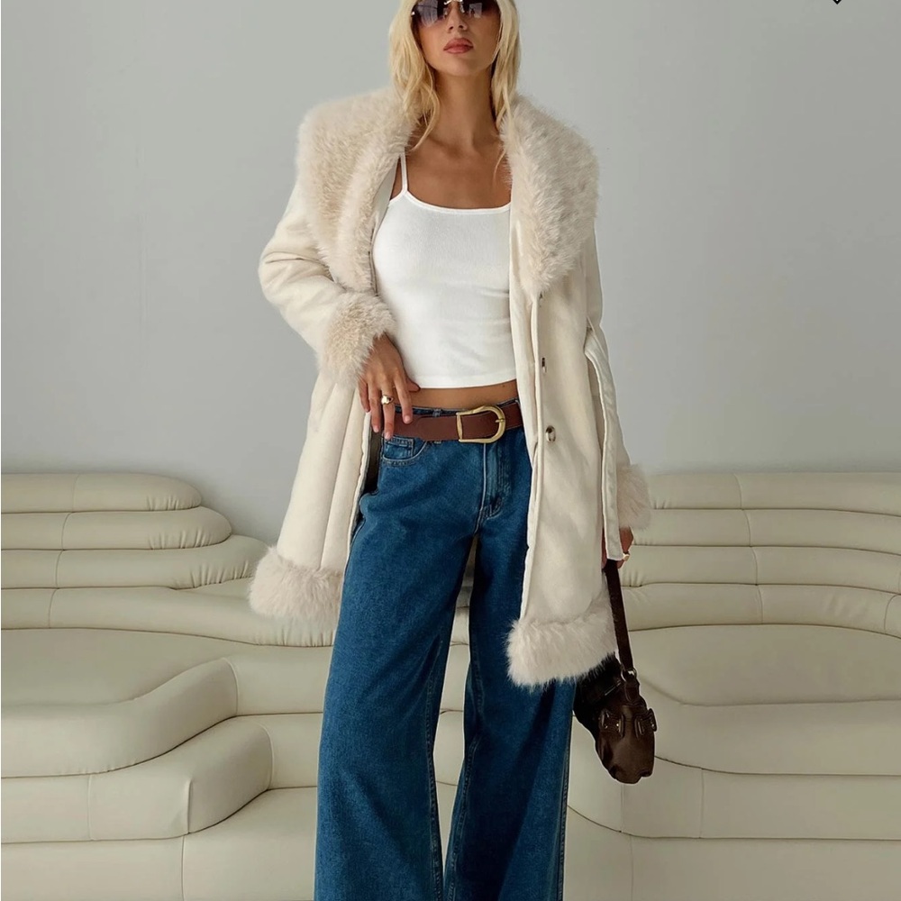 White Faux Fur-Trimmed Women's Coat